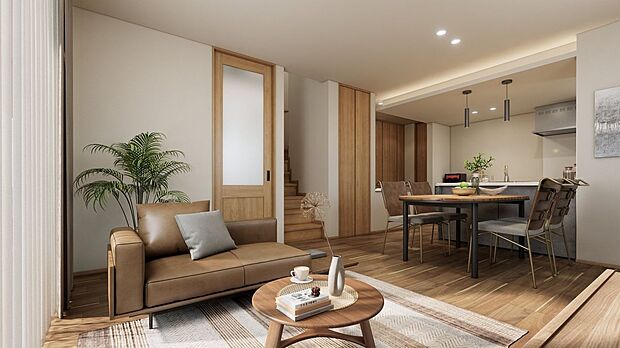 ■2号地リビング(パース) 2面採光のリビングは約16.9帖の広さ。家族の気配を感じやすいリビング階段を採用しました。