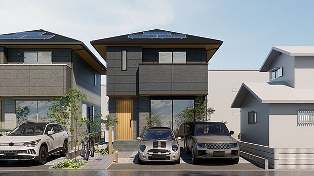 【外観パース図】■2号地外観(パース) 「ZEH基準をクリア」しており断熱性能を備えているため、夏は涼しく、冬は暖かい快適な暮らしが叶います。太陽光発電で電気代の節約もできます。