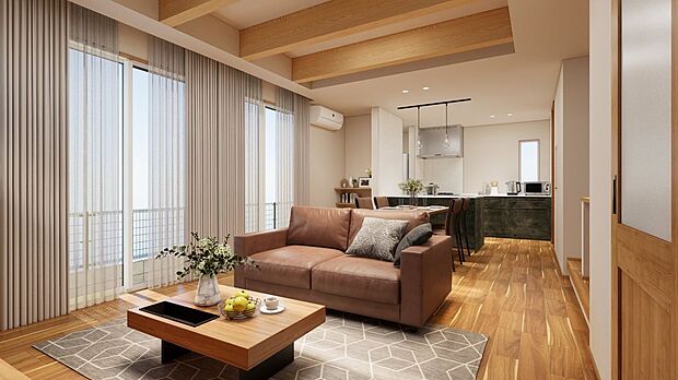 【完成予想図(内観)】■4号地リビング(パース) 約19.8帖のリビングは床暖房があるため、足元からじんわりと温めてくれて、冬場でも快適です。ホコリが舞いにくく空気も乾燥しにくいのがメリットです。