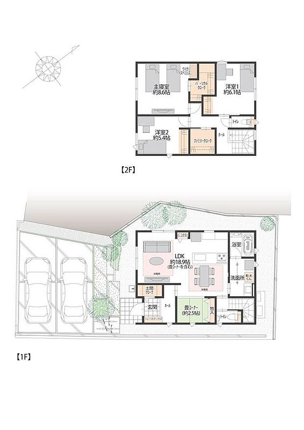 【3LDK】■2号地間取図　
2号地は約18.9帖のLDKがある3LDKです。LDKは南西側と西北側に窓を設けているため、陽当たり・風通しが良く快適にお過ごしいただけます。