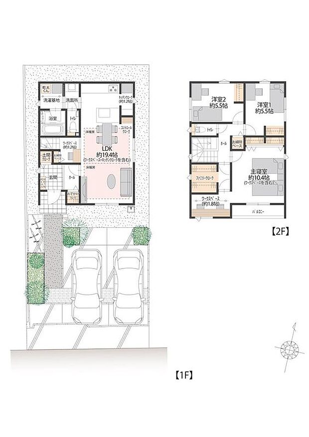 【3LDK】南向きリビングに、使い勝手の良いセパレートキッチンと約1.2帖のキッチンクロークを配置。1階にはおでかけクロークとお掃除ベース、2階にはファミリークロークを備えた収納充実の間取りです。
