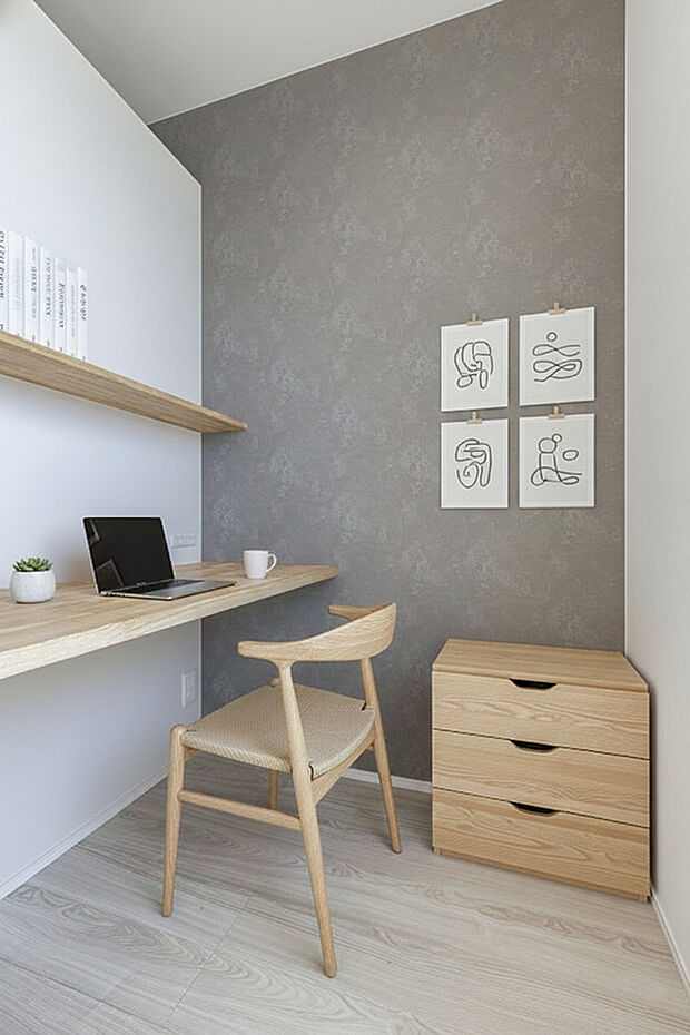 【■主寝室・書斎コーナー】主寝室には書斎スペースを確保。背面に窓がないのでリモート会議にもぴったり。カウンターの他に、細幅のラックを造り付けているので、書類や本などを綺麗に並べてディスプレイすることができます