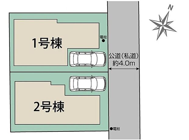 【間取り図：2号棟】
1号棟は広々カースペース付き4LDKのゆとりある間取りプラン！2号棟は大容量のファミリークロークのある収納スペースが豊富な間取りプラン！