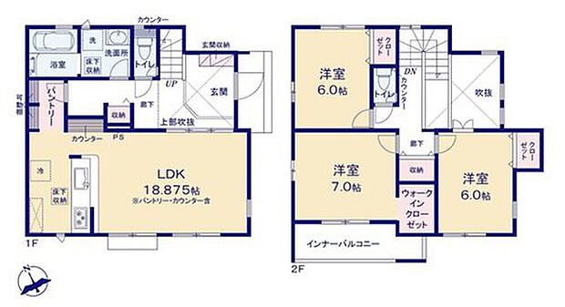 【3LDK】対面式キッチン仕様の約１８．８７５帖リビング♪
パントリーやＷＩＣ等、各所・各居室に収納スペース充実♪
主寝室は約７帖の広々プライベート空間♪
雨の日も安心の南側インナーバルコニー仕様♪