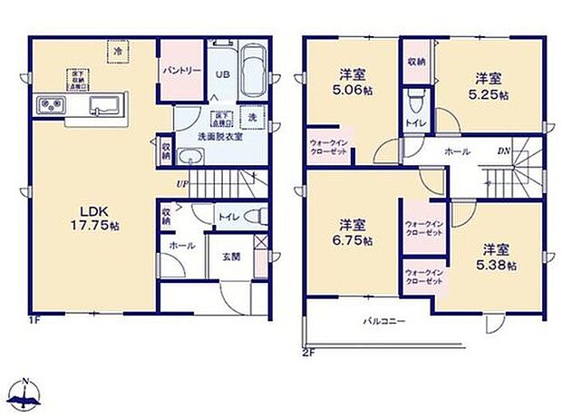 【4LDK】対面式キッチン仕様の約１７．７５帖リビング♪
居室４部屋あり、使用用途多数♪
WICやパントリーがあり、各所・各居室にも収納スペース完備♪
奥行を広めに取った南側バルコニー♪