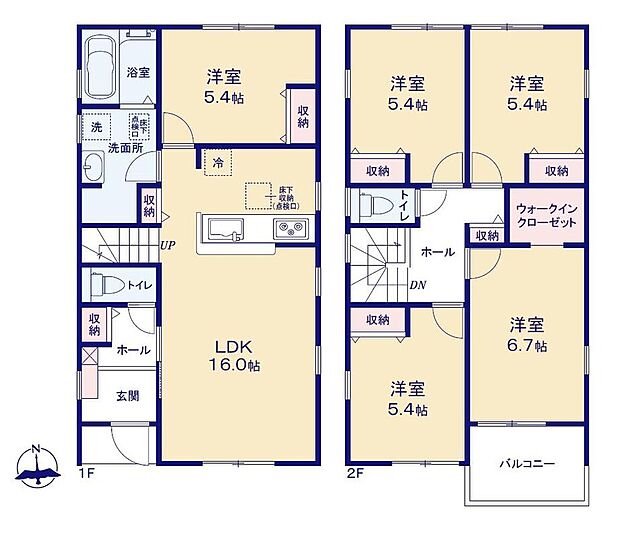 【5LDK】南向きの約16帖リビング♪
2階4部屋あり、お子様ひとりひとりにお部屋を与えられます♪
WICがあり、各所・各居室にクローゼットを配置し収納豊富♪
日当たり良好な南側バルコニー♪