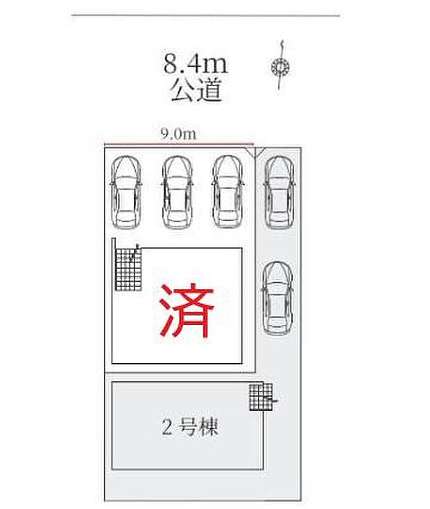 【全体区画図】１号棟　契約済み
２号棟　３，５９９万円