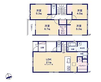 対面式キッチン仕様の約２１帖リビング♪
居室４部屋あり、使用用途多数♪
WICやパントリーがあり、各居室にも収納スペース充実♪
玄関から中が見えにくいクランクイン仕様♪ 