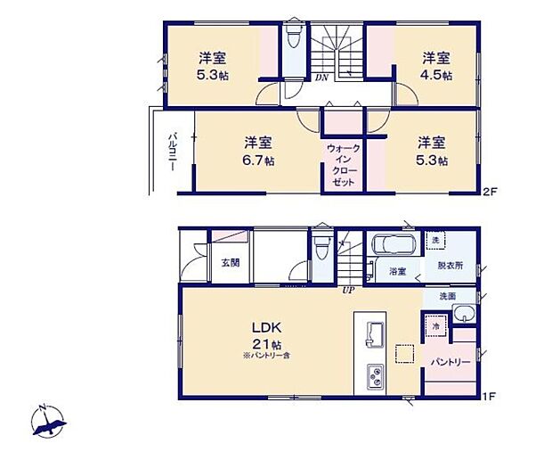 【4LDK】対面式キッチン仕様の約２１帖リビング♪
居室４部屋あり、使用用途多数♪
WICやパントリーがあり、各居室にも収納スペース充実♪
玄関から中が見えにくいクランクイン仕様♪