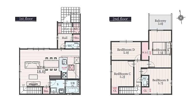 【4LDK】対面式キッチン仕様の約１８帖リビング♪
居室４部屋あり、使用用途多数♪
WICやSICがあり、各所にも収納スペース充実♪
奥行きのある北側バルコニー♪
