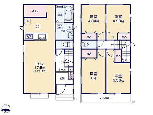 【4LDK】対面式キッチン仕様の約１７．５帖リビング♪
居室４部屋あり、使用用途多数♪
パントリーがあり、各居室に収納完備♪
２部屋から出入りできる便利なワイドバルコニー♪