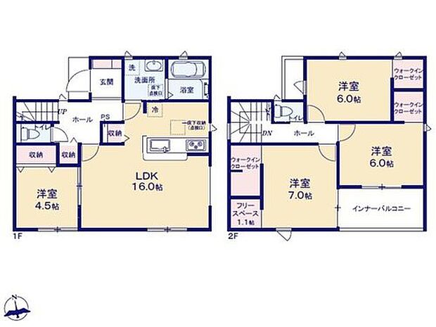 【4LDK】対面式キッチン仕様の約１６帖リビング♪
LDKと約４．５帖の洋室を一体できる人気の間取り♪
２階全室にWICがついて、各所にも収納充実♪
２部屋から出入りできる南側ワイドバルコニー♪