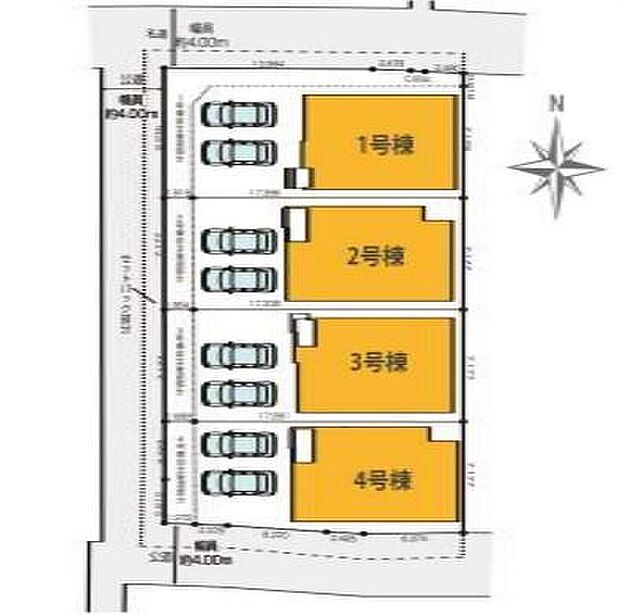【全体区画図】１号棟　４，８９９万円
２号棟　４，６９９万円
３号棟　４，６９９万円
４号棟　４，９９９万円
