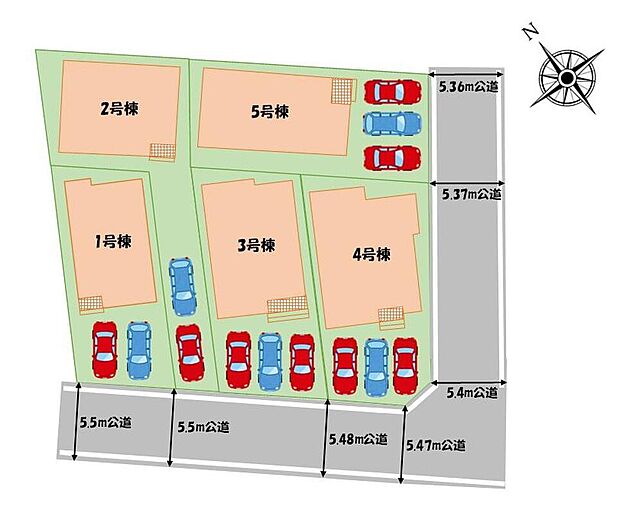 【全体区画図】１号棟　３１９９．５万円
２号棟　３０９９．５万円
３号棟　３３９９．５万円
４号棟　３４９９．５万円
５号棟　３２９９．５万円