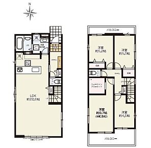 対面式キッチン仕様で約２２．６帖の広々リビング♪
居室４部屋あり、使用用途多数♪
WICがあり、各所に収納スペース充実♪
北側と南側にそれぞれある２面バルコニー仕様♪ 
