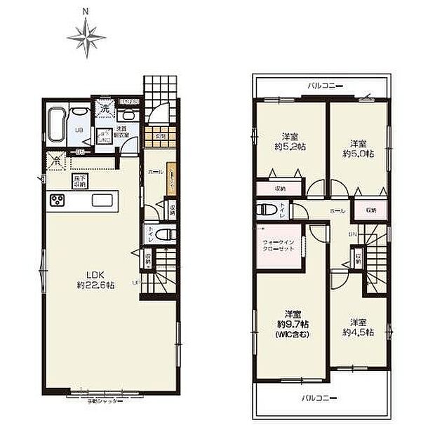 【4LDK】対面式キッチン仕様で約２２．６帖の広々リビング♪
居室４部屋あり、使用用途多数♪
WICがあり、各所に収納スペース充実♪
北側と南側にそれぞれある２面バルコニー仕様♪