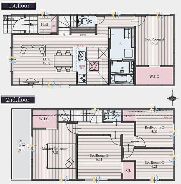 【5LDK】対面式キッチン仕様の約１５．７帖リビング♪
居室５部屋あり、使用用途多数♪
WICがあり、各所に収納スペース豊富♪
陽当り良好な西側ワイドバルコニー♪