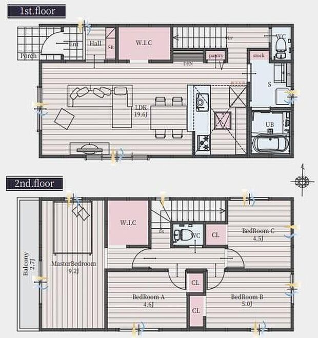 【4LDK】対面式キッチン仕様の約１９．６帖リビング♪
居室４部屋あり、使用用途多数♪
WICやSICがあり、各居室に収納スペース完備♪
陽当り良好な西側バルコニー♪