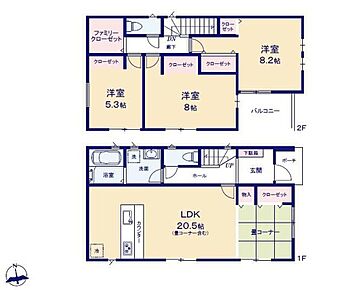 対面式キッチン仕様で畳コーナー付きの約２０．５帖リビング♪
主寝室約８．２帖あり、広々プライベート空間♪
FCLがあり、各所・各居室にも収納スペース充実♪
南側バルコニーは日当たり良好♪ 