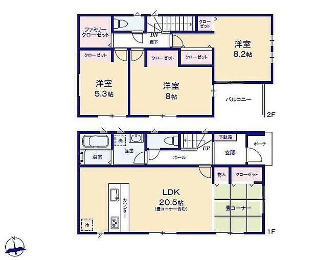 【3LDK】対面式キッチン仕様で畳コーナー付きの約20.5帖リビング♪
主寝室約8.2帖あり、広々プライベート空間♪
FCLがあり、各所・各居室にも収納スペース充実♪
南側バルコニーは日当たり良好♪