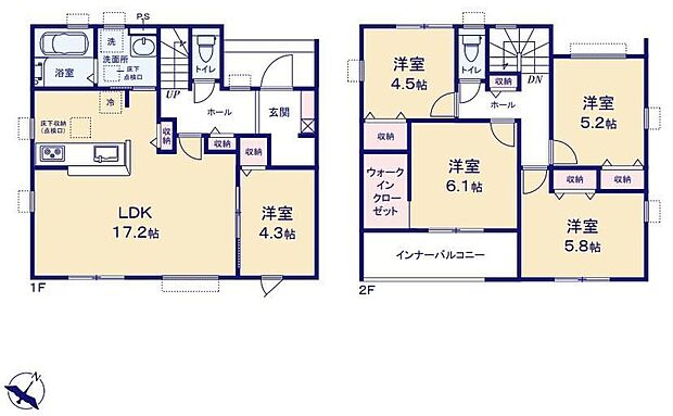 【5LDK】対面式キッチン仕様の約１７．２帖リビング♪LDKと洋室を一体できる人気の間取り♪WICがあり、各所・各居室にも収納スペース完備♪日当たり良好な南側インナーバルコニー♪