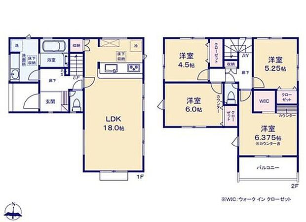 【4LDK】折上天井仕様の南向き約１８帖リビング♪
２階４部屋あり、使用用途多数♪
WICがあり、各居室にも収納スペース充実♪
日当たり良好な南側バルコニー♪