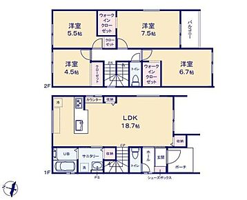 対面式キッチン仕様の約１８．７帖リビング♪居室４部屋あり、使用用途多数♪WICがあり、各所に収納スペース充実♪日当たり良好な南側バルコニー♪ 