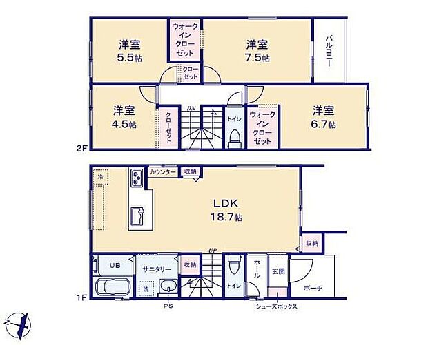 【4LDK】対面式キッチン仕様の約１８．７帖リビング♪居室４部屋あり、使用用途多数♪WICがあり、各所に収納スペース充実♪日当たり良好な南側バルコニー♪
