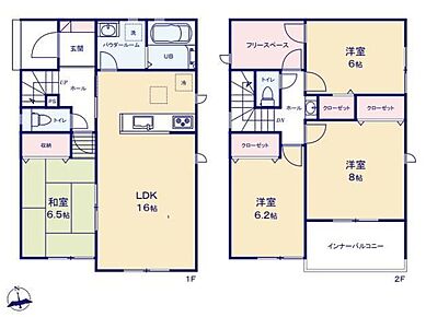 対面式キッチン仕様の約１６帖リビング♪
２階全室６帖以上の広々プライベート空間♪
リビングに隣接した約６．５帖の和室♪
フリースペースがあり、各居室に収納完備♪
日当たり良好な南側インナーバルコニー♪ 