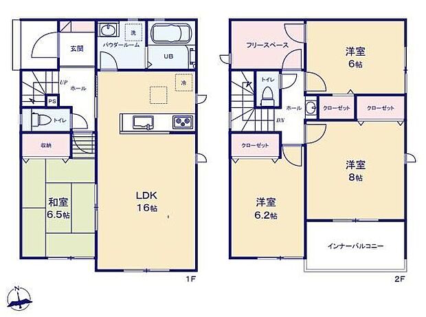 【4LDK】対面式キッチン仕様の約16帖リビング♪
2階全室6帖以上の広々プライベート空間♪
リビングに隣接した約6.5帖の和室♪
フリースペースがあり、各居室に収納完備♪
日当たり良好な南側インナーバルコニー♪