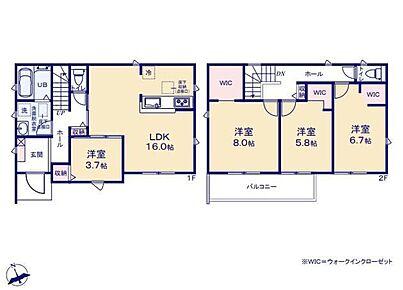 対面式キッチン仕様の約１６帖リビング♪
LDKと洋室を一体できる人気の間取り♪
主寝室約８帖あり、広々プライベート空間♪
WICがあり、各所・各居室にも収納充実♪
陽当り良好な南側バルコニー♪ 