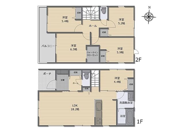 【5LDK】対面式キッチン仕様の開放的なリビング♪居室５部屋あり、使用用途多数♪WICがあり、各所・各居室にも収納スペース充実♪陽当り良好なルーフバルコニー♪