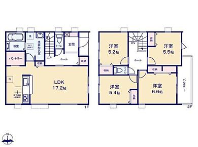 対面式キッチン仕様で南向き約１７．２帖リビング♪２階居室４部屋あり、使用用途多数♪WICやパントリーがあり、各所・各居室にも収納充実♪陽当り良好な東側バルコニー♪ 