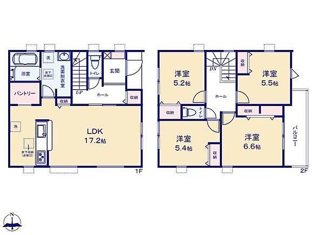 【4LDK】対面式キッチン仕様で南向き約１７．２帖リビング♪２階居室４部屋あり、使用用途多数♪WICやパントリーがあり、各所・各居室にも収納充実♪陽当り良好な東側バルコニー♪