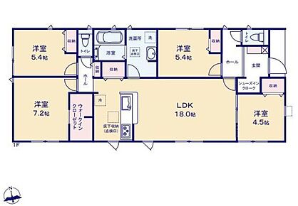 暮らしやすい動線が魅力的な平屋建て♪対面式キッチン仕様の約１８帖リビング♪居室４部屋あり、お子様ひとりひとりにお部屋を与えられます♪WICやSICがあり、各所・各居室にも収納充実♪ 