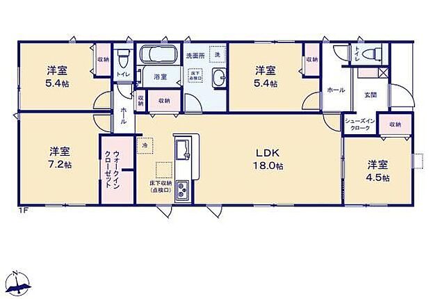 【4LDK】暮らしやすい動線が魅力的な平屋建て♪対面式キッチン仕様の約１８帖リビング♪居室４部屋あり、お子様ひとりひとりにお部屋を与えられます♪WICやSICがあり、各所・各居室にも収納充実♪