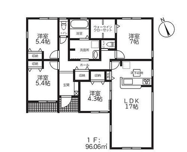 【4LDK】人気の平屋住宅♪LDKと洋室を一体できる人気の間取り♪南向き対面式キッチン仕様の約17帖リビング♪WICがあり、各所・各居室にも収納スペース完備♪