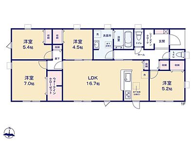 暮らしやすい動線が魅力的な平屋建て♪対面式キッチン仕様の約16帖超広々リビング♪LDKと洋室を一体できる間取りでさらに開放的な空間♪WICやSIC、パントリーがあり、各所・各居室にも収納スペース充実♪ 