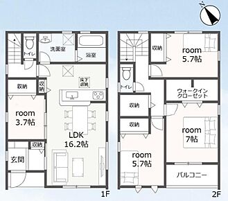 水回りが集中しているので家事がしやすい間取りです☆2階ホールに大容量の収納付！ご家族で共有して使用する物やお掃除道具の収納に便利です♪ 