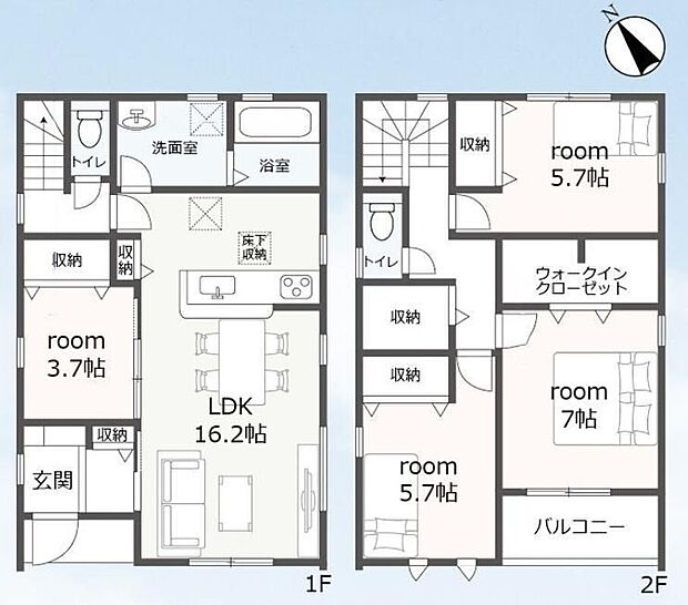 【4LDK】水回りが集中しているので家事がしやすい間取りです☆2階ホールに大容量の収納付!ご家族で共有して使用する物やお掃除道具の収納に便利です♪