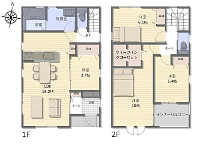 水回り集中設計で家事もラクラク☆WICがあり、各所・各居室にも収納スペース完備♪インナーバルコニーで急なお天気の変更にも安心♪お洗濯も快適です◎ 