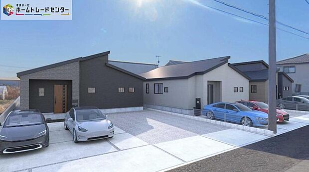 【完成予想図】（左から３・２・１号棟）
一戸建ての大きなメリットは、「自分の土地」を自由に使えること。好きなペットが飼えるほか、ガーデニングやＤＩＹ、車やバイクの手入れなど様々な趣味を楽しめます♪