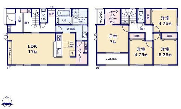 【4LDK】全居室洋室☆インテリアの統一感を作りやすいです♪
家族が多いとすぐなくなってしまう水や食材をまとめ買いしても置き場所の心配いらずの大型パントリーを採用☆
ウォークインクローゼットも完備♪