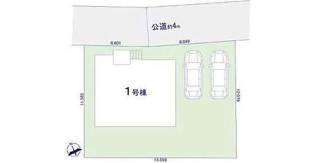 【区画図】敷地面積54坪超♪
並列駐車2台可!
南庭でガーデニングするのもいいですね♪
