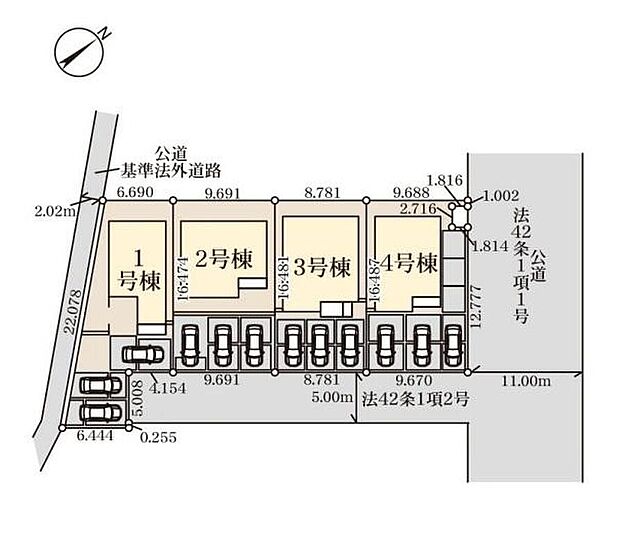【全体区画図】全棟お車3台分の駐車スペースがございますので、セカンドカーやご家族の自転車も停められます♪