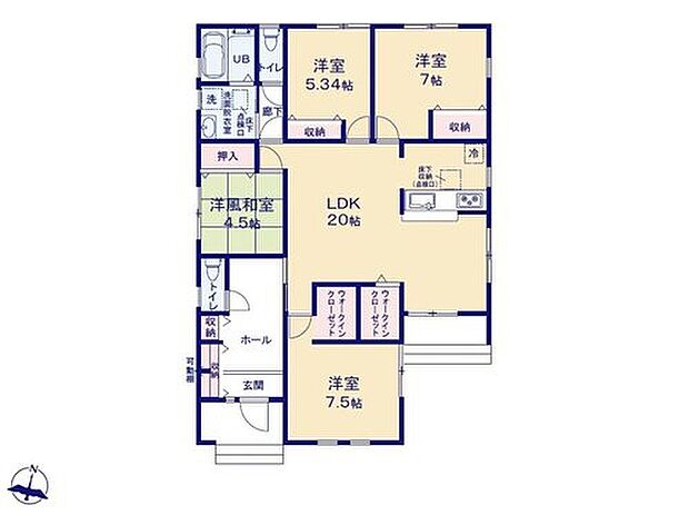 【4LDK】生活動線がコンパクトで人気の平屋プラン♪
LDKにもWIC付きで帰宅後にアウターなどを
すぐ片付けられ、散らかりを防ぎます◎
来客時も便利な和室付き☆