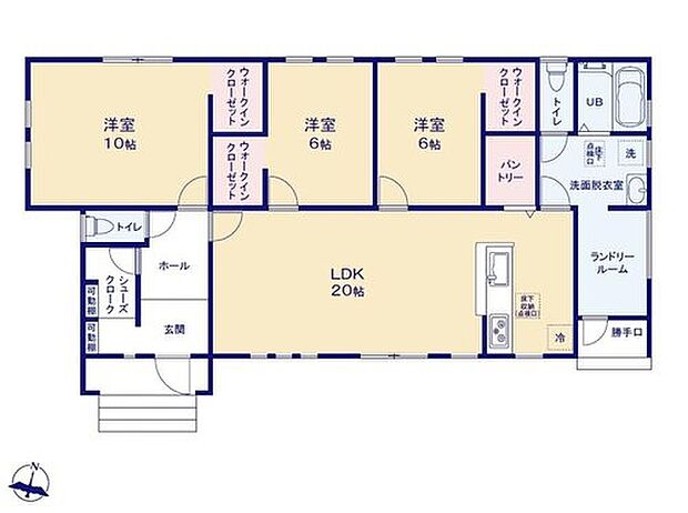 【3LDK】全居室にWICが付いた収納充実の平屋プラン♪
キッチン横には大容量パントリー、洗面室には
勝手口付きのランドリールームも付き家事が
スムーズになる設計です◎