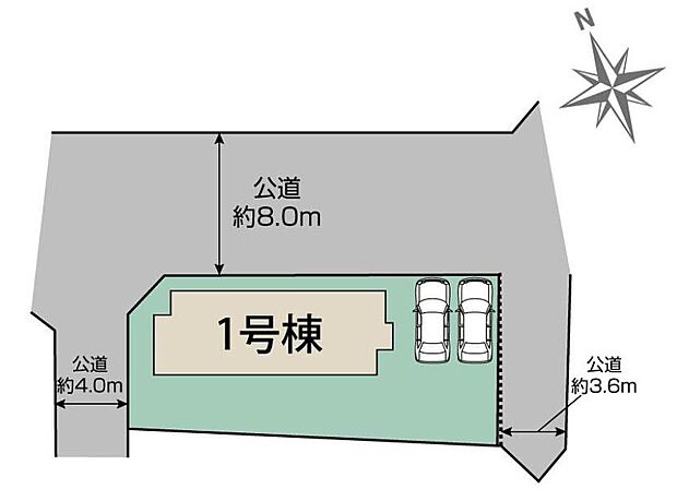 【全体区画図】カースペース２台分ございますので、家族分の自転車を駐輪したり、来客用の駐車スペースとしてもお使いいただけます。