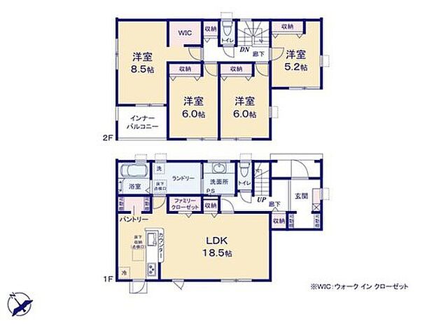 【4LDK】◇居室を2階に集約し、プライバシーにも配慮♪全居室南向き◎
◇ファミリークローゼット、パントリー、WICなど豊富な収納スペース☆
◇水回りが集中しており、効率的でストレスのない家事動線♪