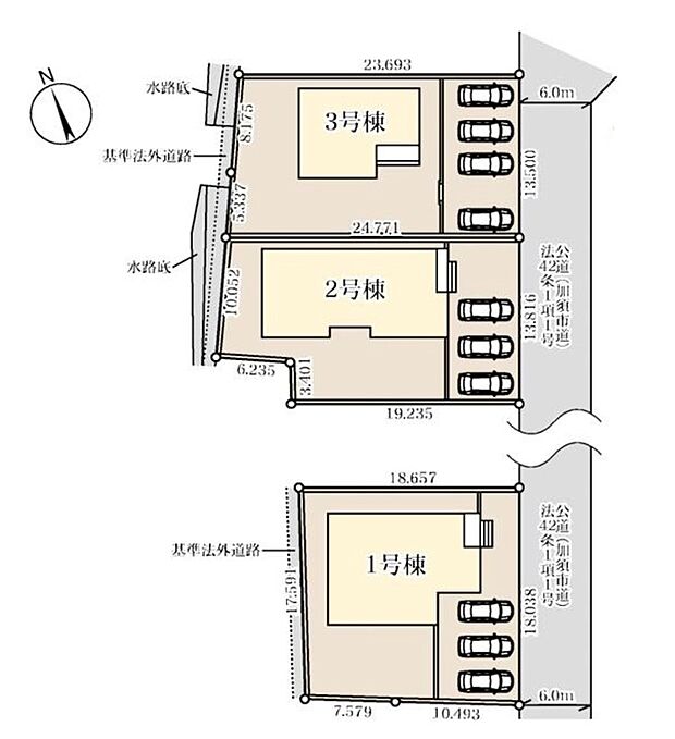 【全体区画図】日当たりもよくゆとりのある敷地です♪
前面道路幅もゆったり約6ｍありますので車の出し入れも安心です！嬉しいお庭付き♪